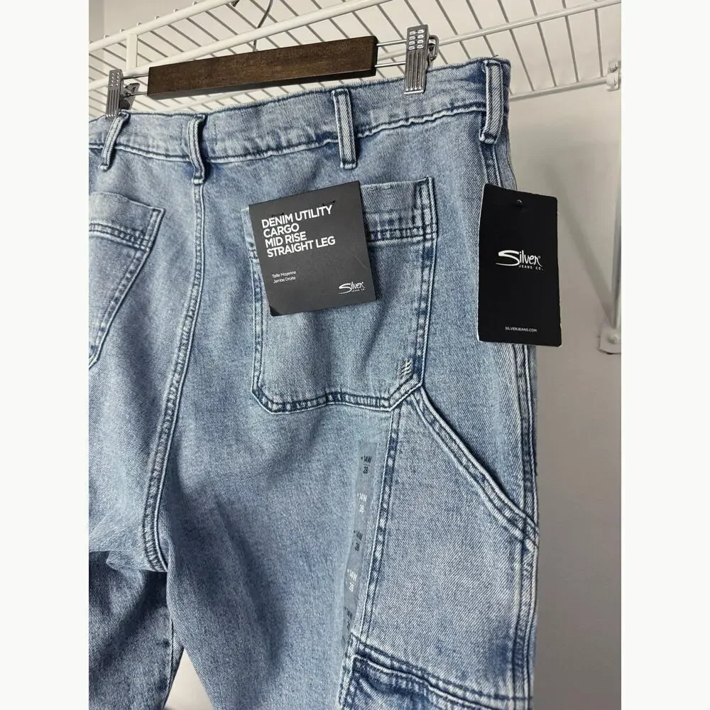 Silver Jeans Co. Denim Utility Cargo Jeans Mid Rise Straight Leg size 14W